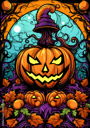Pumpkin wearing a hat  in the style of haunting imagery  light purple and red  caricature like  Halloween pumpkin  jack o lantern illustration.