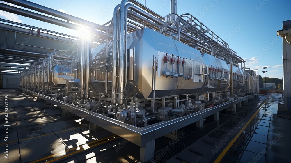 Dairy plant equipment stainless steel storage and process. Generative AI. Dairy plant equipment stainless steel storage and process. Generative AI.