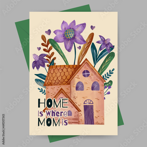 mothers day greeting card with floral and watercolor house illustration