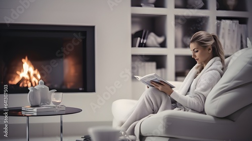 woman reading a book in the comfort of her house