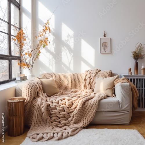 Cozy living room interior with knitted blanket on sofa