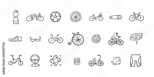Bicycle time. Types of bicycles, tools and spare parts. Icons set for your design
