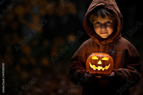 a smiling boy with a jack-o-lantern in front of a bokeh background - ai-generated