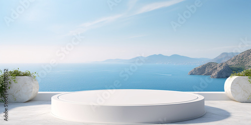 empty white podium background on sea and mountain 