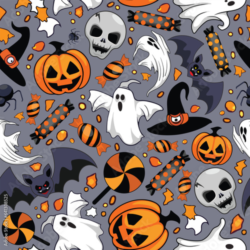 Ghosts Spooky and Creepy Cute Monsters Horror Halloween Symbols Seamless Repeat Vector Pattern Design