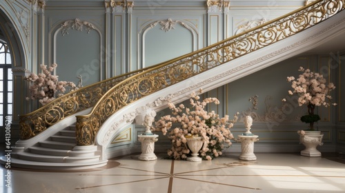 Elegant staircase with ornate balustrade and metal railin. Generative AI. photo