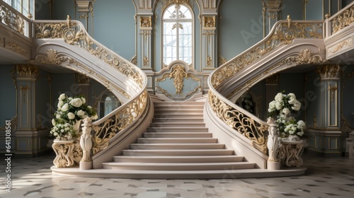 Fotografia, Obraz Elegant staircase with ornate balustrade and metal railin
