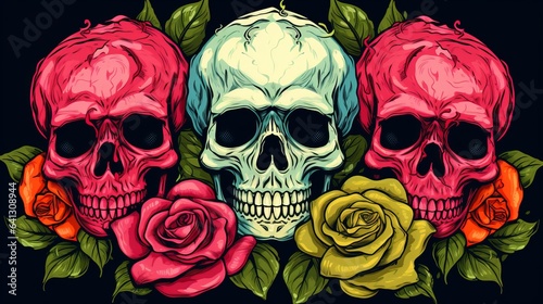 Illustration of skulls in a rose-colored background using a vector program