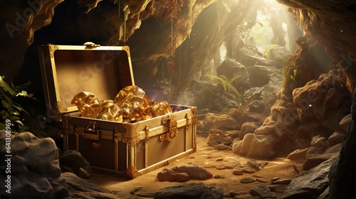 A picture of a cave with a box that's been opened and full of gold.