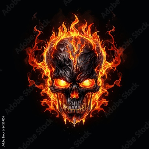 Skull in flames against a black background. Tattoo design