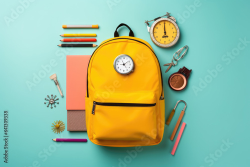 Backpack with colorful school supplies on blue background. Back to school concept. Top view. Copy space. Flat lay. Banner