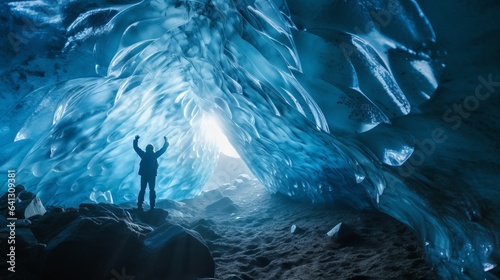 the interior of a blue glacial ice cave. Southeast Iceland's Vatnajokull glacier contains Breioarmerkurjokull.