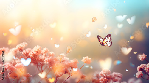 Beautiful butterfly with blooming flower background. Light flare bokeh blurred background © Weeraya