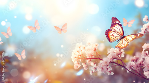 Butterfly sitting on blooming sakura with light flare bokeh blurred background © Weeraya