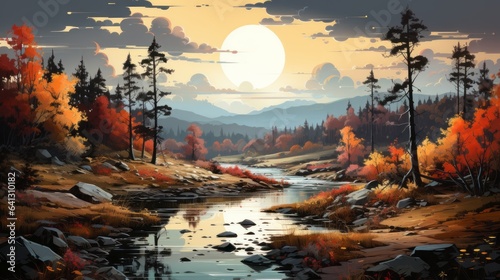 PAINTING LANDSCAPE - COLORFUL AUTUMN FOREST. AUTUMN FOREST WITH A RIVER.