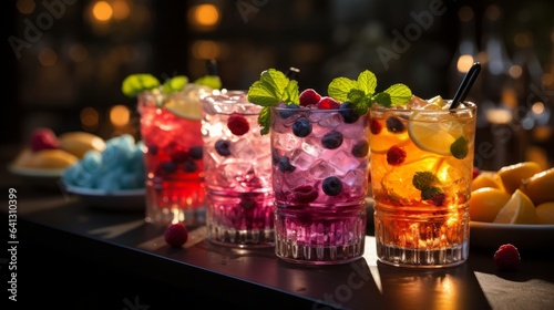 Fresh fruit cocktail prepared with modern kitchen equipme. Generative AI. © ProVector