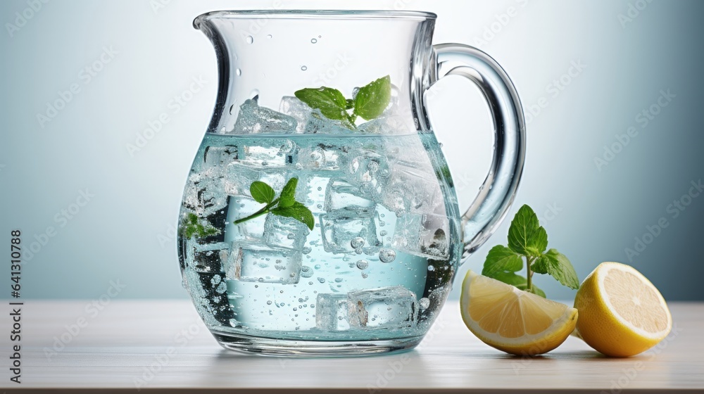 Glass water jug with white backdrop. Generative AI. Glass water jug with white backdrop. Generative AI.