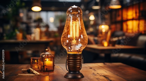 Glowing electric lamp illuminates rustic wooden table. Generative AI.