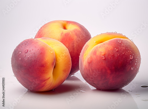 Ripe peaches on a white background with bold colors. 