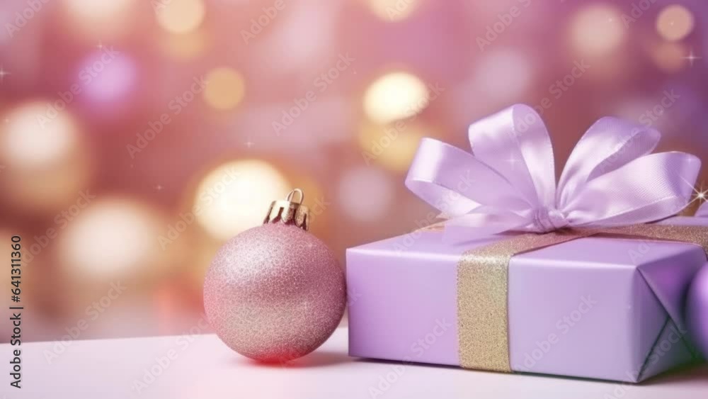 Christmas gifts with lights and many decorations. Video of gold bokeh background.