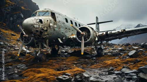 Gray wreckage of an aircraft on a rock beneath gloomy sky. Generative AI. photo