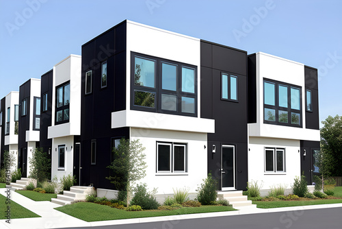 Modern modular private black white townhouses. Residential architecture exterior. Outside view © indofootage