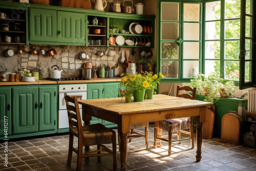 A green and wooden kitchen with a wooden kitchen table © Kepler