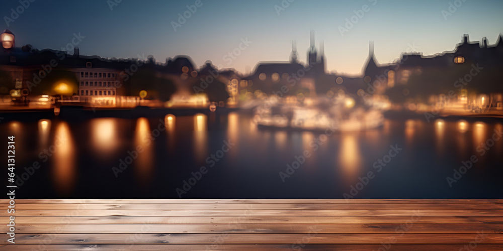 Blurred city lights in sydney, Wood table with city lights night blurred background, 
Wooden platform with abstract blurred bokeh city lights , generative Ai
