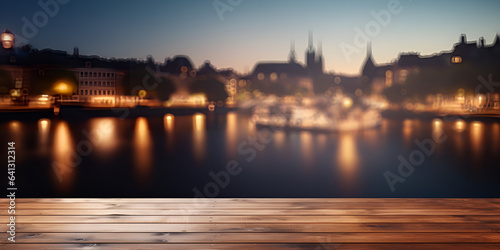 Blurred city lights in sydney  Wood table with city lights night blurred background   Wooden platform with abstract blurred bokeh city lights   generative Ai 