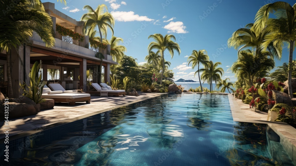 Fototapeta premium Idyllic luxury resort offers tranquil poolside relaxation. Generative AI.