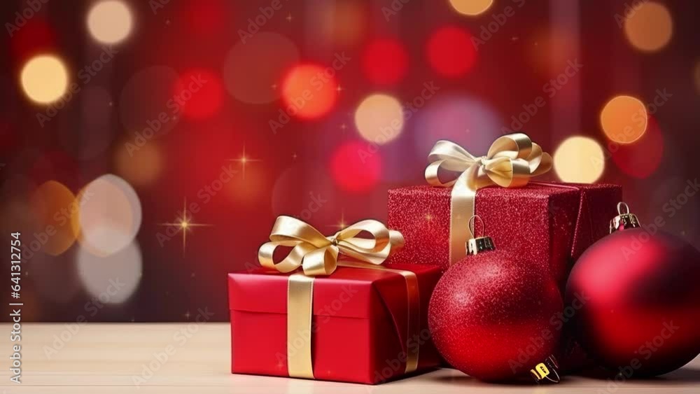 Christmas gifts with lights and many decorations. Video of gold bokeh background.
