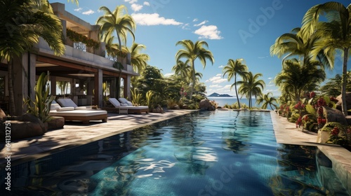Idyllic luxury resort offers tranquil poolside relaxation. Generative AI. © ProVector