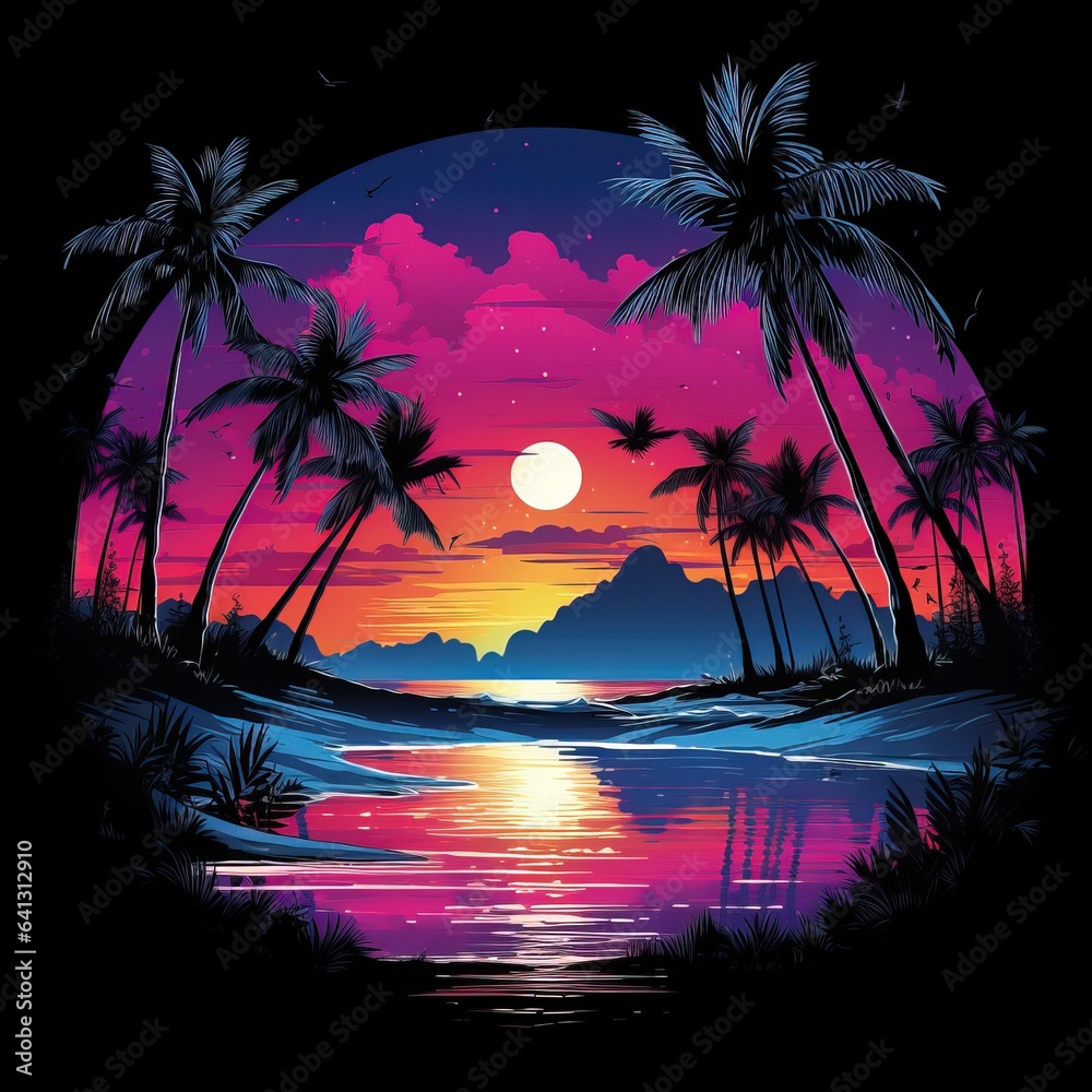 T-Shirt Design of a Cartoonized Sunset over a Black Background.