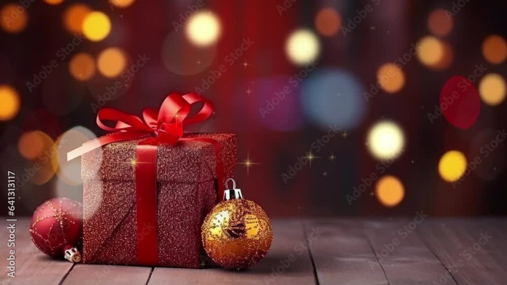 Christmas gifts with lights and many decorations. Video of gold bokeh background.