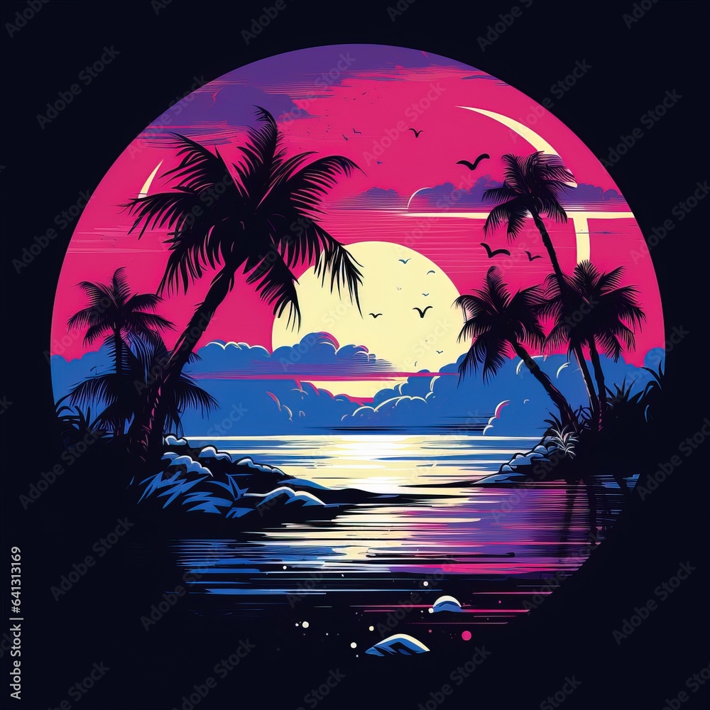 T-Shirt Design of a Cartoonized Sunset over a Black Background.