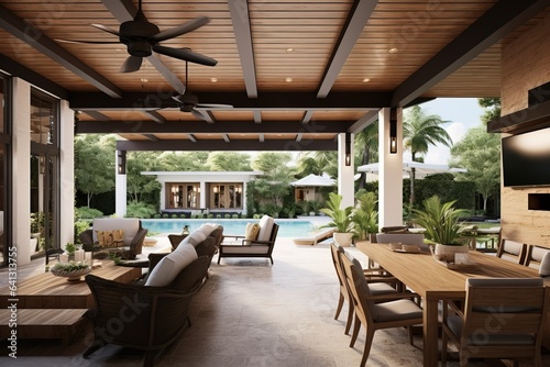 Exterior Design of a Modern House with a Relax Zone under a Veranda. Beautiful Garden and some Couches and Sofa. © Boss