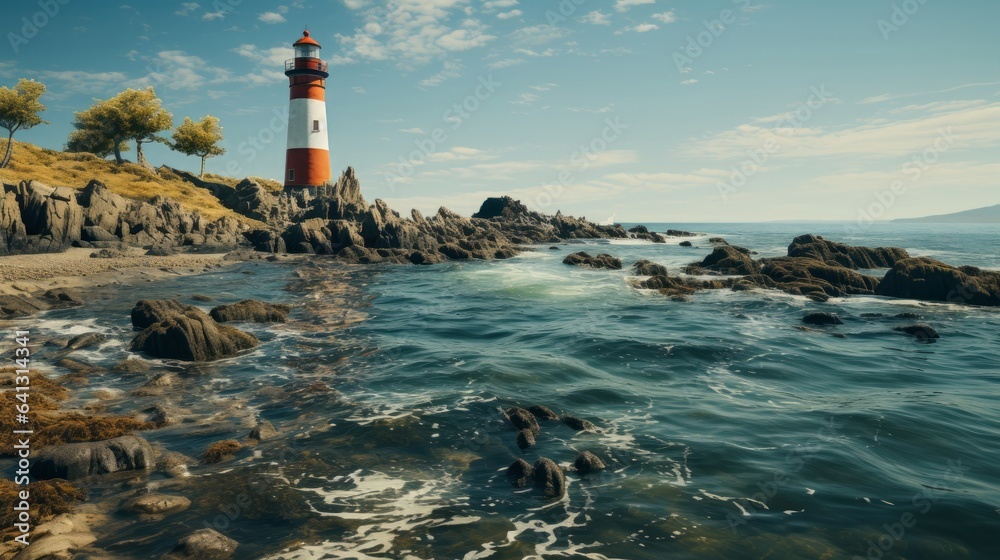 Lighthouse in the middle of a body of water. Generative AI.