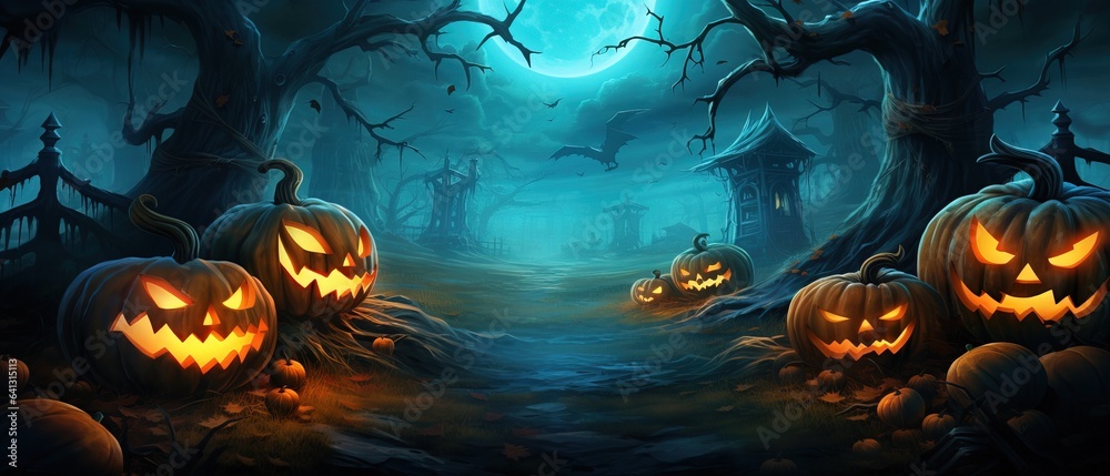 Scary Atmosphere in a abandoned Cemetery decorated with Halloween Pumpkins. Cartoonized. Scary Atmosphere in a abandoned Cemetery decorated with Halloween Pumpkins. Cartoonized.