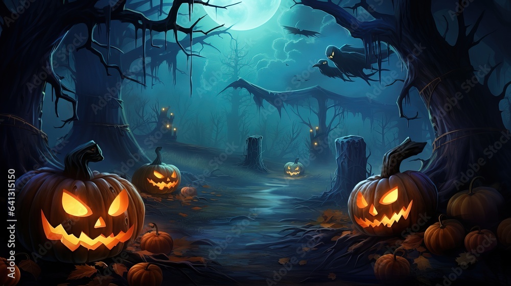 Scary Atmosphere in a abandoned Cemetery decorated with Halloween Pumpkins. Cartoonized. Scary Atmosphere in a abandoned Cemetery decorated with Halloween Pumpkins. Cartoonized.