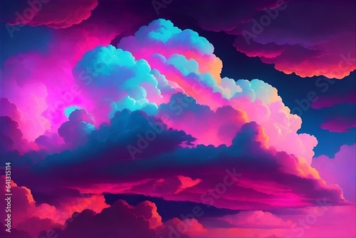 Dramatic clouds sky, neon light. AI generated illustration