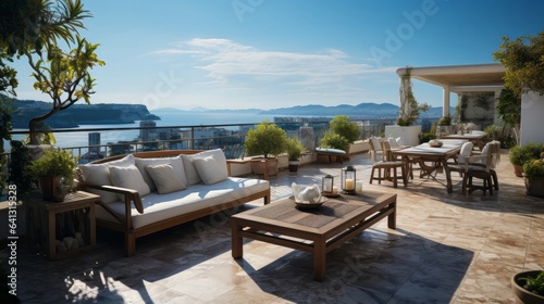 Luxury house hotel patio iwith terrace and sea view. Generative AI.