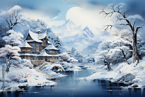 Generative AI - Illustration with winter fairy tale landscape for Christmas card