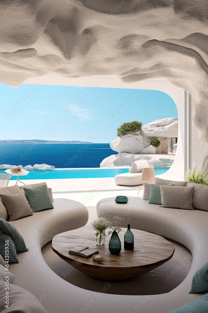 Interior Design of a Luxurious Villa in Santorini near the Sea. Greece.