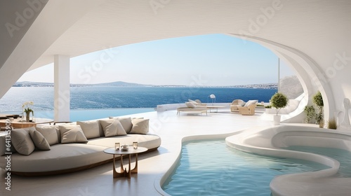 Interior Design of a Luxurious Villa in Santorini near the Sea. Greece. © Boss