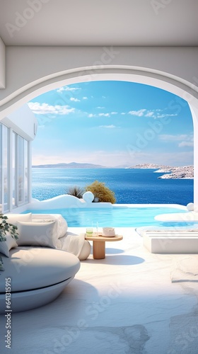Interior Design of a Luxurious Villa in Santorini near the Sea. Greece.