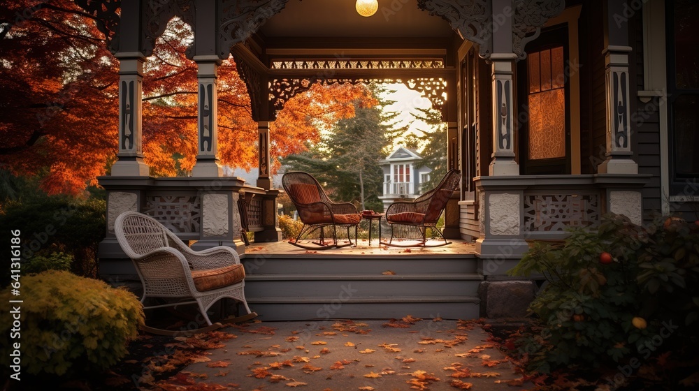 Beautiful Entrance of a Big House during the Fall Season, Autumn. Orange Leafs on the Ground.
