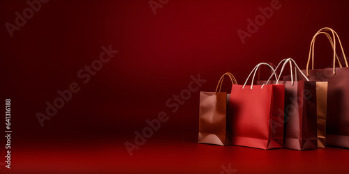 rag friday image with space for text. Bkack friday sale flat lay. rad  friday bag. Hangers on the red background, Red shopping bag on red background sale banner design ,generative Ai photo