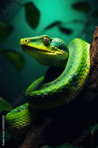 Amazing Shot of a Dangerous Green Snake over a Tropical Background.