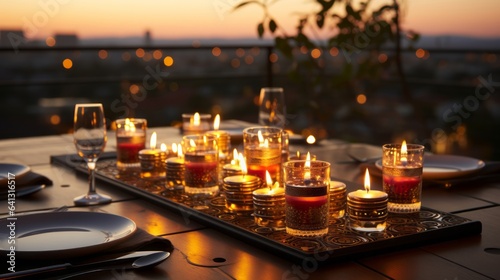 Menorah with candles on a table. Generative AI.