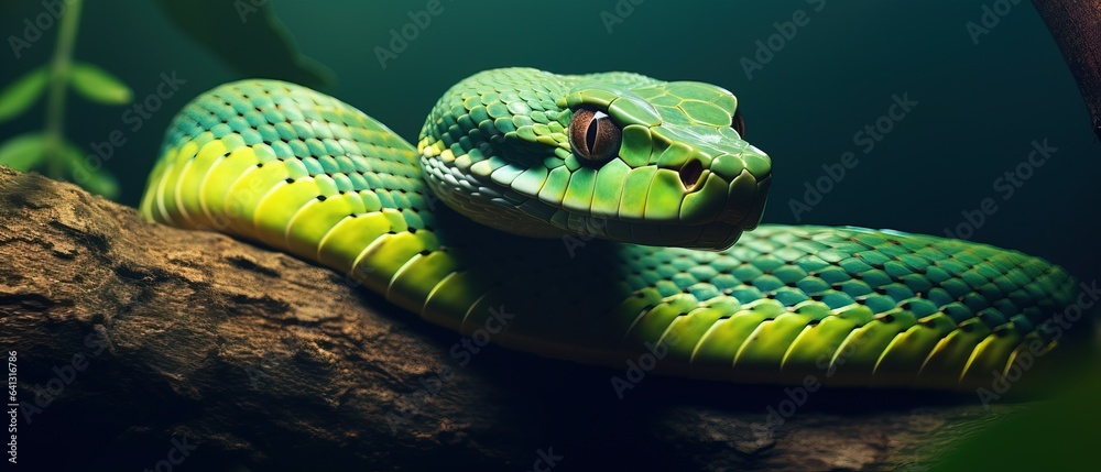 Fototapeta premium Amazing Shot of a Dangerous Green Snake over a Tropical Background.